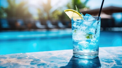 Close up of blue cocktail on luxury outdoor pool bar - obrazy, fototapety, plakaty