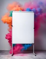 blank whiteboard surrounded by colored smoke