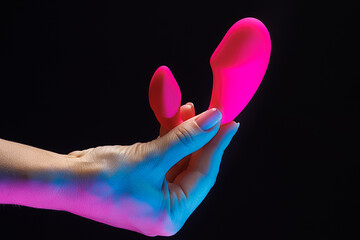A woman's hand fingering a red vibrator for intimate play. Sex toy clitoral vibrator on a black background with neon lights.