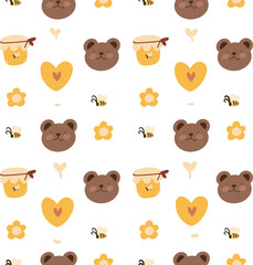 Naklejka premium Teddy bear and honey jar seamless pattern