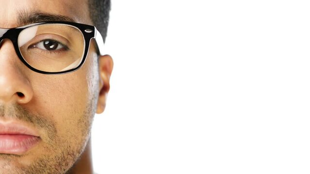 Man, spectacles and optometry wellness in studio, ophthalmology and eyewear or glasses for vision. Male person, half face and portrait on white background, optical health and lens on mockup space