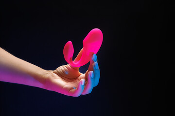 Women's hands gently hold the red colored intimate play vibrator with their fingers. Sex toy clitoral vibrator on a black background with neon lights.
