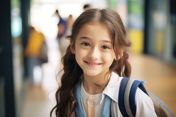 Girl going back to school, smiling, close up face, Photography,