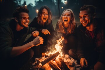 Group of young adults in black clothes around fire having fun
