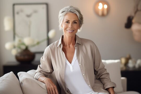 Happy Senior Woman Looking Into The Camera For Relax And Free Time At Home Living Room, In The Style Of Dark Silver And Light Beige,