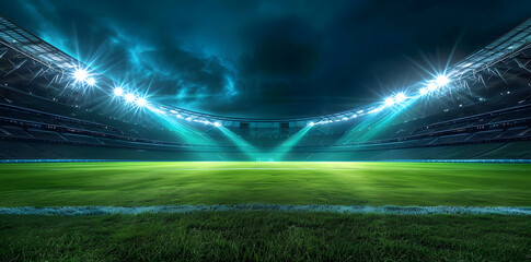 Soccer game field at night with lighhts and neon fog 