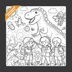 Vector cute coloring book illustration of kids playing with dinosaur