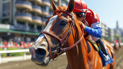 racehorse with a focused gaze and a jockey in colorful gear prepare to race on a sunny day at the racetrack