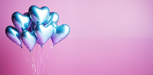 silver blue foil heart balloon bunch isolated on plain pink color studio background, frame with text space on side