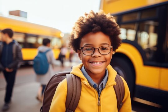 Photorealistic portrait of smiling happy black boy going to school bus, on background blurred yellow school bus and kids, Back To School concept, Background with selective focus,