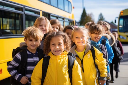 Picture a a group of children in 2023 getting into a yellow School bus