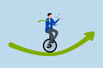 Investment risk, investment trader blinded and juggling knives on unicycle green bullish chart. © dwara
