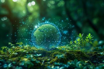 Obraz na płótnie Canvas Blue hologram globe on the moss floor in the blurred natural forest background, Eco world, earth day and conservation Concept