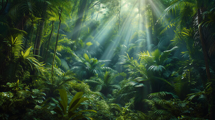 Tropical rain forest landscape with sun rays emerging though the green tree branches. - obrazy, fototapety, plakaty