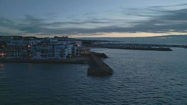 Aerial view of Roc de Sant Gaieta at dawn with low light,  Tarragona, Spain