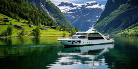 Journey to Tranquil Beauty: A Scenic Norwegian Fjord Cruise amidst Majestic Mountains and Serene Waters of Geirangerfjord