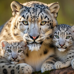 mother snow leopard with her young ones. litter of kittens. female and little snow leopard cub cuddles together. family, motherhood in animals. wildlife.