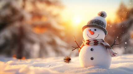 Snowman in the winter forest at sunset. Christmas and New Year background.