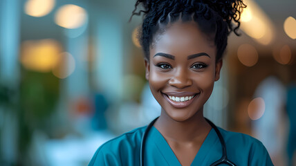Smiling Black Female Nurse in Blue Scrubs Indoors in Hospital Clinic