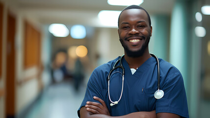 Happy Black Male Nurse Wearing Blue Scrubs in Hospital Setting in Clinic