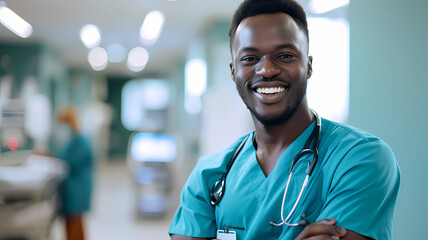 Happy Black Male Nurse Wearing Blue Scrubs in Hospital Setting - obrazy, fototapety, plakaty