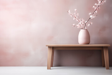 Cherry blossoms in vase on table against soft pink haze background