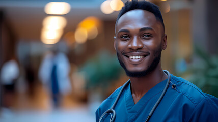 Naklejka premium Smiling Black Male Nurse in Blue Scrubs Indoors in a Hospital