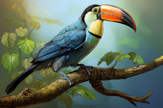 the toucan bird. A colorful illustration in the style of a hand-drawn drawing with vibrant swirling colors.