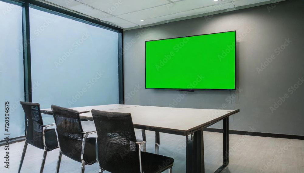 Wall mural Discover a conference room adorned with chairs and a table, offering a green screen for eye-catching billboards, TV branding campaigns, and product promotions.