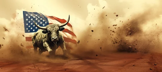 Fotobehang A large bull against the background of the American flag as a symbol of the state of Texas. Revolution or bullfight concept, banner © Sunny