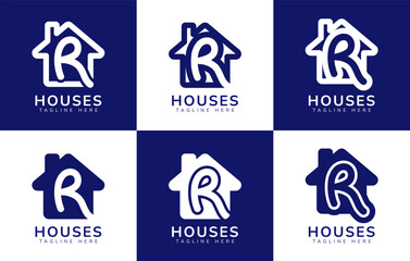 Set of houses home logo with letter R. This logo combines letters and house or home. Perfect for housing business, real estate, mortgage, house rental, house buying and selling.