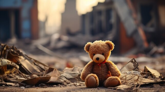 A cute touching teddy bear on a blurred background of destroyed buildings. an abandoned children's toy. bombing, terrorist attack, fire.