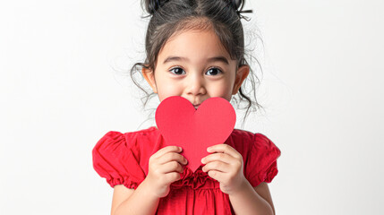 Little Girl Holding Red Heart Cutout.Young child in a red dress holding a red heart-shaped cutout to her face, symbolizing innocence and love.