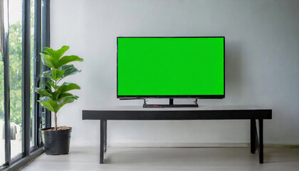 An office setting featuring a green screen, chair, and plants, ideal for billboards and TV branding campaigns with ample space for product displays.