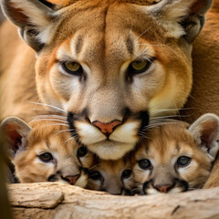 mother female cougar with her young ones, litter of kittens. little cougar cubs, cuddles together. family, motherhood in animals. wildlife.