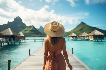 Stock photo female with hat walking on bora bora platform with the back at the camera