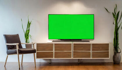 In an office, a green screen is present along with a chair and plants, serving as a versatile backdrop for billboards and TV branding campaigns, providing ample space for product showcasing.