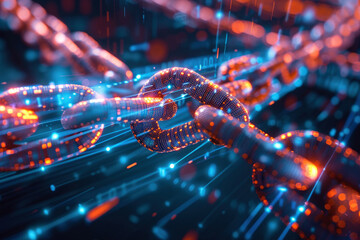 An abstract artistic representation of blockchain, featuring chains and interconnected blocks with digital overlays, symbolizing the connected nature of data.