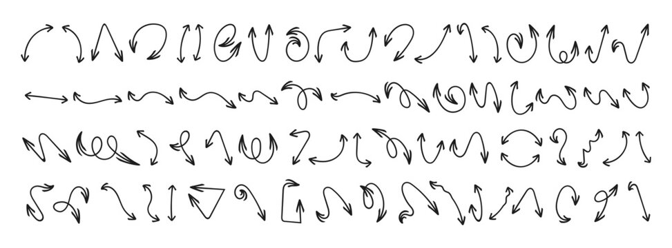 Hand drawn various curved double sided line arrows. Set of vector icons of coal arrows with two ends. Outline direction signs.
