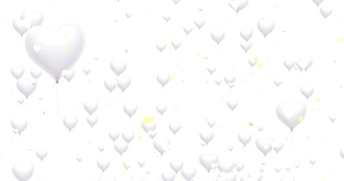 Animated background material with a lot of white heart-shaped balloons and confetti flying from below (transparent background) with alpha channel. Celebrations, birthdays, Valentine's Day, weddings, 