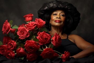 black woman with red roses valentine's day, grandparent care.