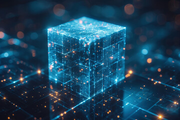Showcasing the essence of secure digital ledgers, this blockchain cube art simplifies the concept of decentralized trust. - obrazy, fototapety, plakaty