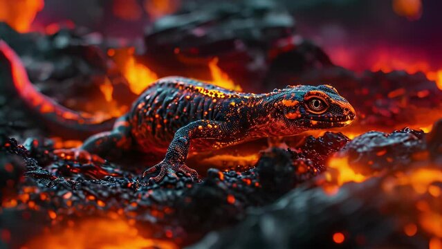 The fiery salamander perches atop a pile of molten rocks, its mesmerizing eyes watching as the lava flows and ebbs around it in a neverending cycle. Fantasy animation