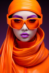  a woman with orange eyes wearing glasses