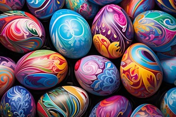 Obraz premium Easter background, colorful chicken eggs. vibrant swirling color. top view, close-up. illustration.