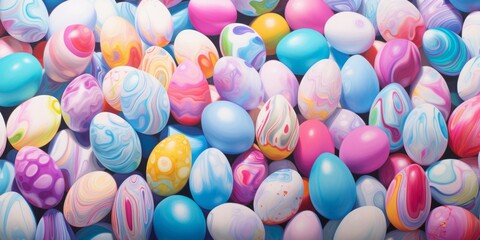 Easter background, colorful chicken eggs. vibrant pastel color. top view, close-up. illustration.