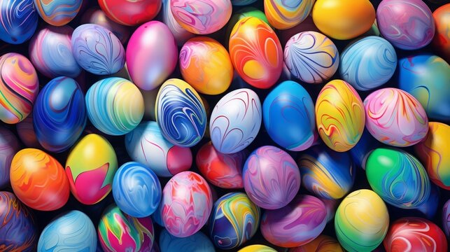 Easter eggs as background, close-up. colorful chicken eggs. vibrant color. view from above. illustration.