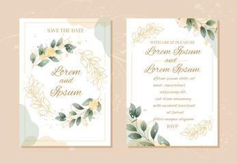 Elegant wedding invitation card with leaves and flowers gold watercolor