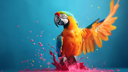 Colorful concept parrot bird made from colorful liquid paint on a blue background Generated by AI.
