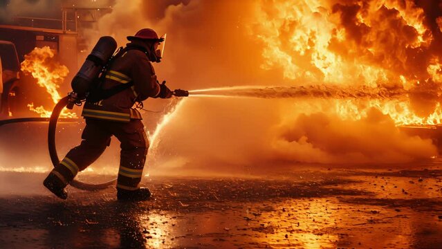 An action shot of a firefighter battling a blaze, captured midspray from the fire hose.